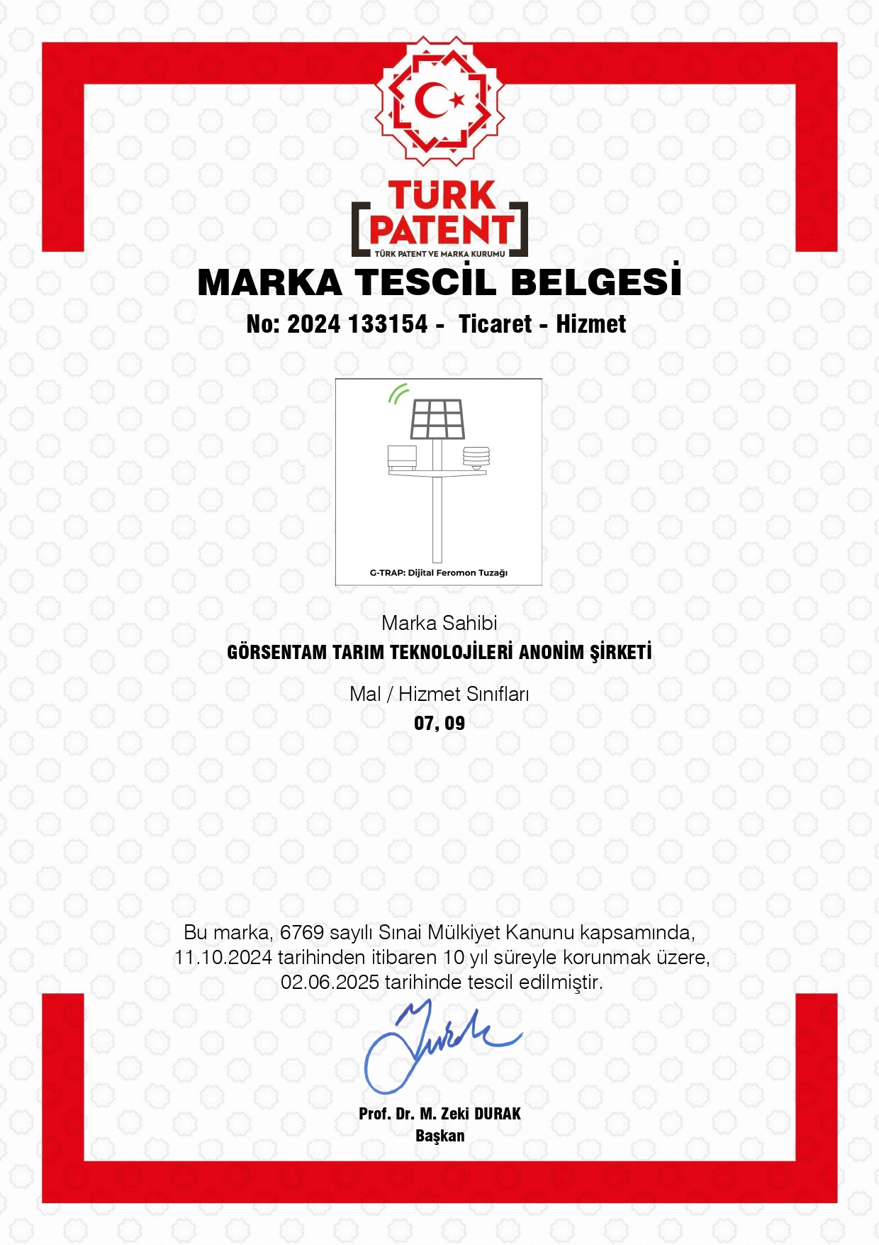 G-TRAP Marka Tescil Belgesi